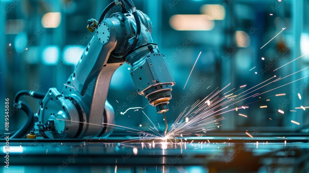 Poster automated robot arm controller in intelligent factory, manufacturing and welding robotics, real-time