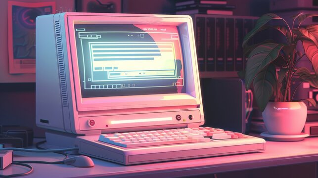 Retro Computer Setup with Neon Lights.