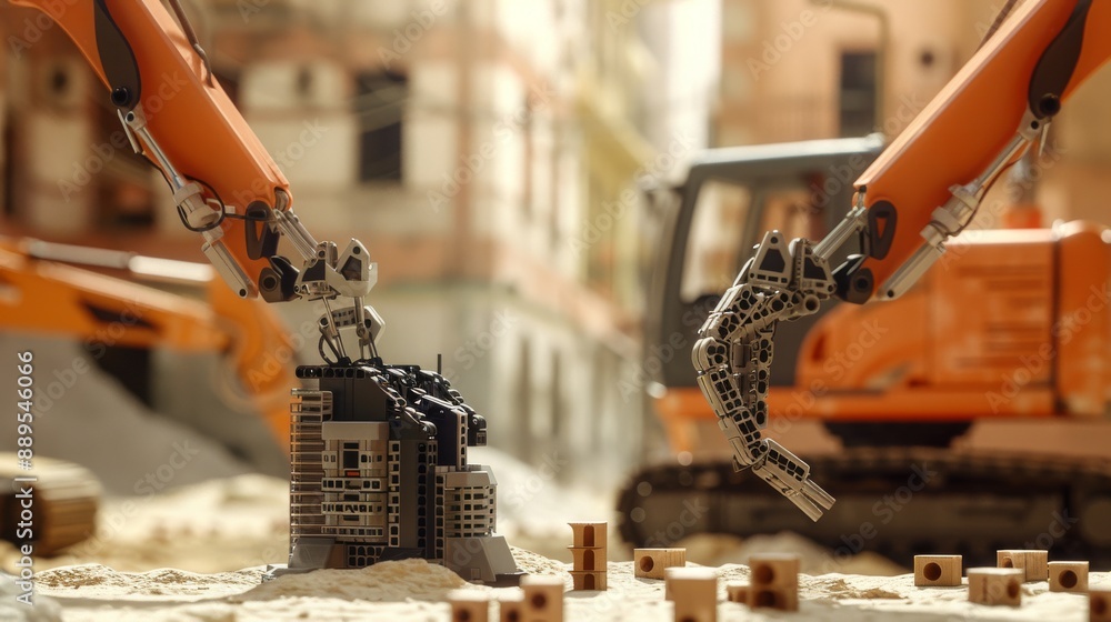 Poster featuring a robot team laying bricks with precision and efficiency, capture the future of constructi