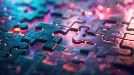 A graphic of a 3D puzzle with missing pieces floating into place, each labeled with business skills essential for success