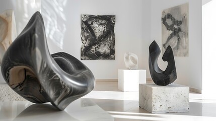 Sculptures and Paintings in a Minimalist Gallery