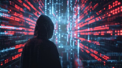 Fototapeta premium A hacker, amidst a vibrant network of data streams and codes, breaches a digital firewall, cybersecurity defenses