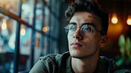 A young man with glasses sits in a cafe, gazing out a window