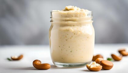 Vegan cashew cheese sauce in a glass, white background. Plant based food concept.
