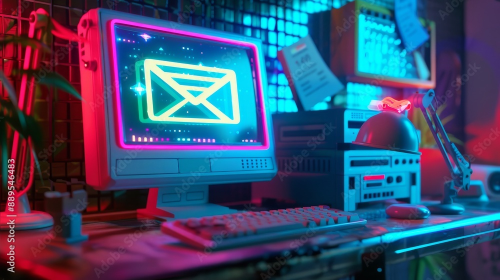 Poster neon retro computer with email icon on screen.