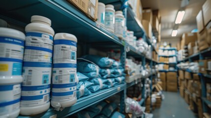 A warehouse with shelves full of blue and white containers.