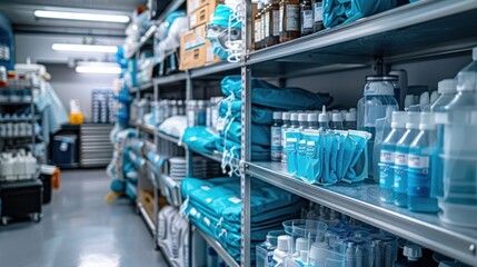 A blue and white medical supply store with shelves full of supplies. The store is well organized and stocked with a variety of items