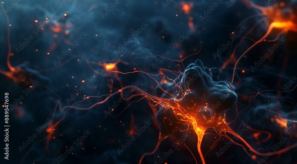Poster a digital representation of neural networks with glowing synapses, set against a dark blue backgroun