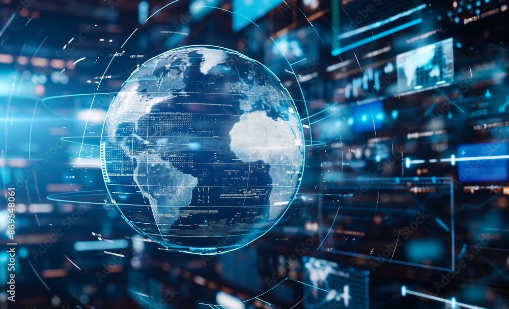 Poster a digital globe surrounded by various technological elements in a digital environment.