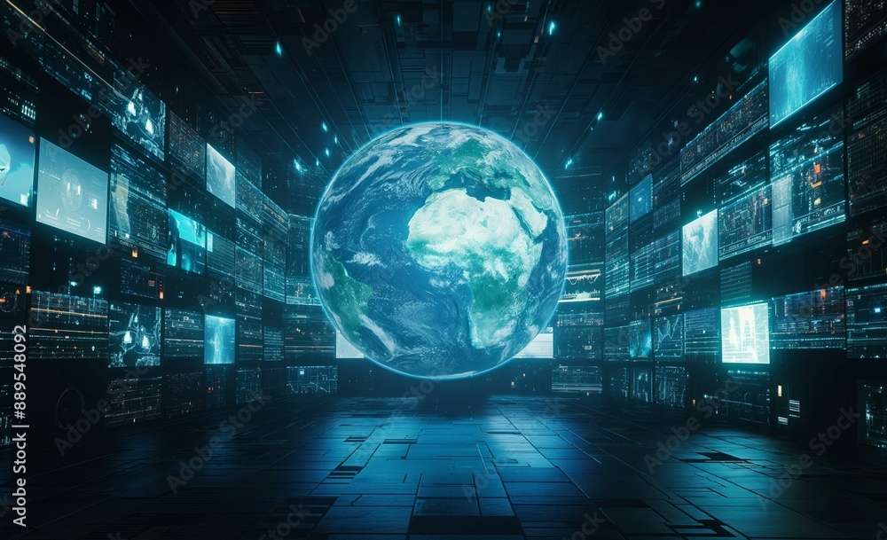 Aufkleber A digital globe surrounded by multiple screens displaying various data and futuristic graphics. The setting appears to be a high-tech control room or data center.