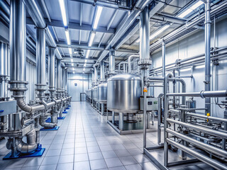 Sparkling stainless steel pipelines and valves weave through a pristine pharmaceutical facility, surrounded by sterile walls and floors, epitomizing cleanliness and precision manufacturing.