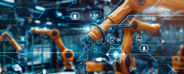 Robotic arms in a smart factory with digital twin technology overlay.