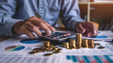 Accountant using calculator with coins and financial report. Finance background