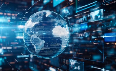 A digital globe surrounded by various technological elements in a digital environment.