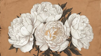 White peonies pattern on craft paper background