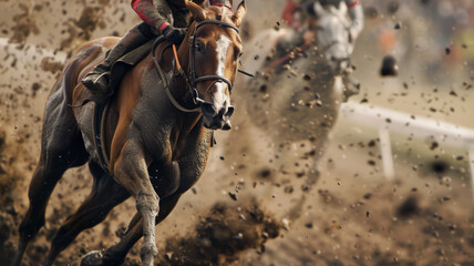 Thrilling scene of a racehorse charging forward, kicking up dirt, with intense focus observed in the competitive environment of a horse race.
