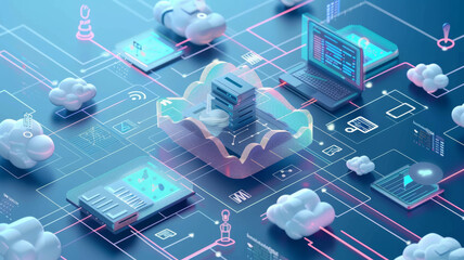 An abstract representation of cloud computing with holographic servers, data flow, and cloud icons in a vibrant, interconnected network visual.