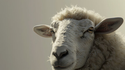 A sheep with textured, fluffy wool stands head-on, its expressive face emphasizing its curiosity and calm demeanor against a minimalistic backdrop.