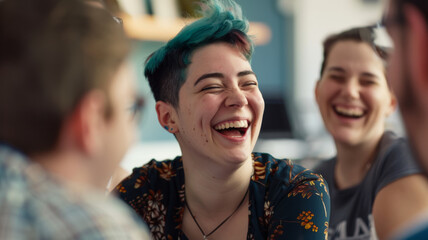 Fototapeta premium Close-up of a joyous woman with an undercut hairstyle, sharing a laugh with friends in a cozy, sunlit room.