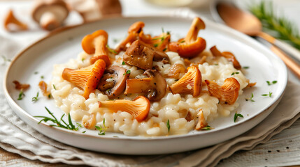 creamy chanterelle mushroom risotto in a white plate