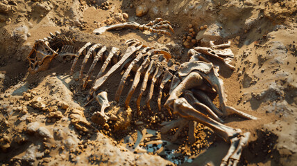 A dinosaur skeleton half-buried in the dirt, surrounded by tiny rocks, exuding an ancient and historical aura.