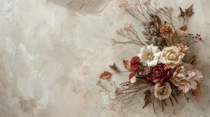 Floral arrangement with dry foliage on neutral backdrop Overhead view with room for text mockup