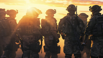 Fototapeta premium A group of soldiers stands silhouetted against a stunning sunset, prepared for a mission, exemplifying unity and readiness.