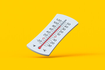 Falling thermometer with Celsius and Fahrenheit scales on orange background. Global warming concept. Climate change. Weather forecast. Abnormal temperature. 3d render