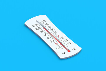 Thermometer with Celsius and Fahrenheit scales on blue background. Global warming concept. Climate change. Weather forecast. Abnormal temperature. 3d render