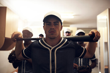 Baseball, man and captain for game in locker room, tournament and walk to field for match. Bat, portrait and group of player or male people for sports, athlete and softball for competition together