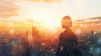 The silhouette of a person blends with a futuristic cityscape at sunset, interwoven with floating digital interface elements, creating a dreamy, futuristic vision.