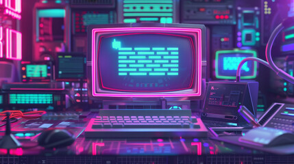 Obraz premium Retro Computer Workstation with Neon Lights.