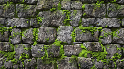 Stone wall with green moss interweaving through its rough texture, highlighting the resilience and adaptability of nature.