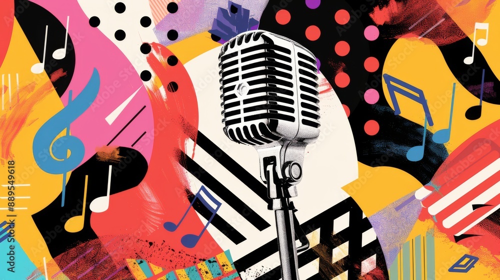 Poster microphone and music notes in a colorful abstract pattern.