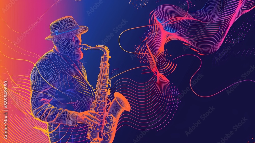 Poster abstract saxophone player with colorful lines.