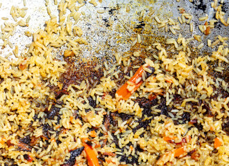 Close-up of pilaf in a cauldron