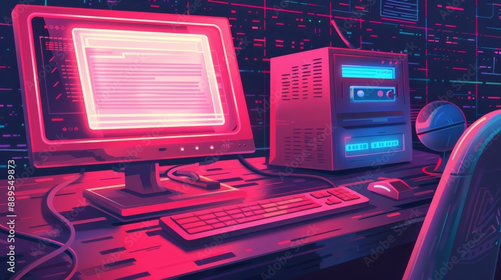 Poster retro computer workstation with neon lights.