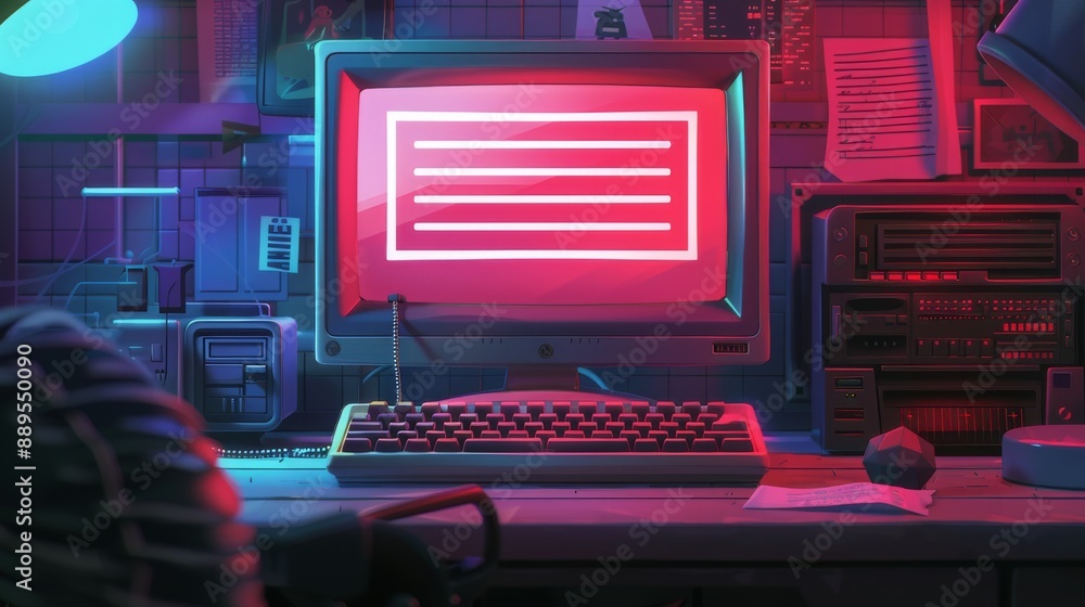 Poster retro computer workstation with neon lights.