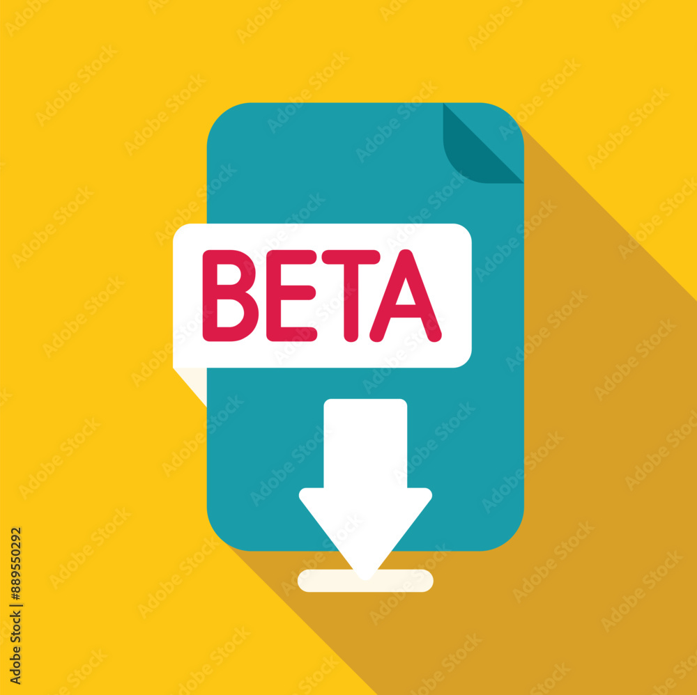 Poster beta version software file downloading with down arrow icon, flat design with long shadow