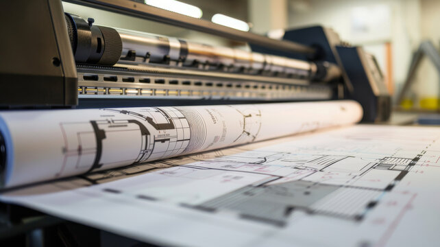 A close-up of a large format plotter working on detailed technical drawings, set in an industrial design office with a soft, even lighting.
