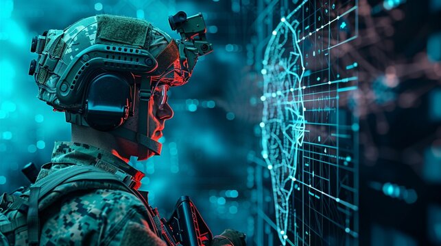 Futuristic soldier analyzing holographic data in neon-lit cyberpunk setting, merging military technology with advanced digital interfaces.
