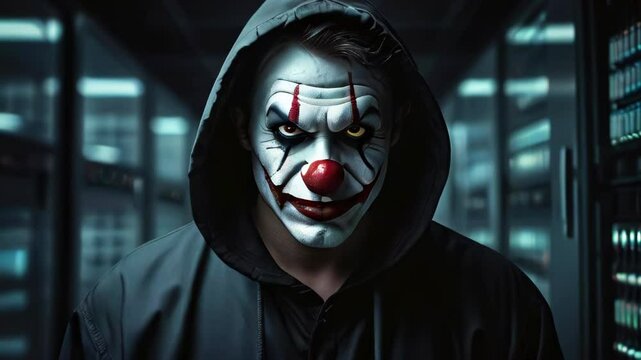 Portrait of disguised villain in joker makeup in data center. Push in shot of hacker and digital data cracker. Cybersecurity concept.