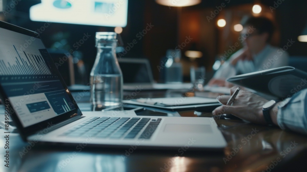 Poster a man is writing on a laptop in front of a large monitor