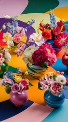 Beautiful vases with flowers on color background