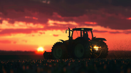 Fototapeta premium A heartening image of a tractor plowing fields under the warm hues of a setting sun, capturing the zenith of a day's hard work and agricultural dedication.