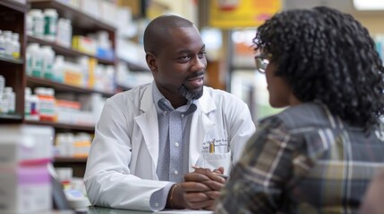 A man and a woman are talking in a pharmacy. The man is wearing a white coat and the woman is wearing glasses