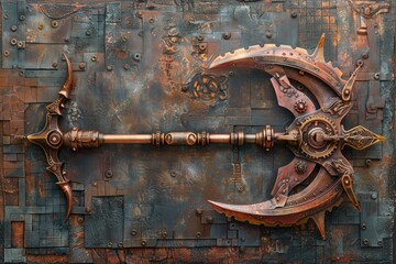 Steampunk trident, intricate gears, brass details, Victorian style, mechanical background, rich textures
