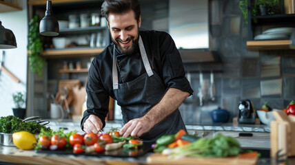 Fototapeta premium male chef in an apron is preparing vegetables on the kitchen counter.