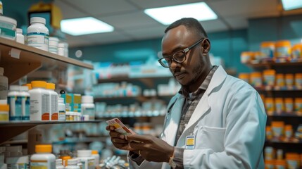 A man in a white lab coat is looking at a tablet while standing in a pharmacy. He is checking the label of a pill bottle