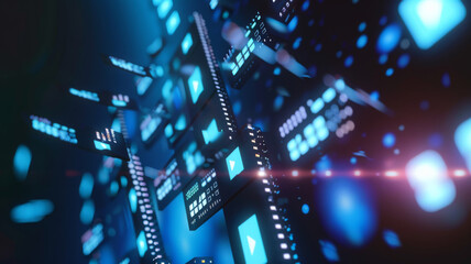 A futuristic digital landscape of glowing data blocks and geometric shapes, depicting advanced technology and connectivity in a cyber environment.